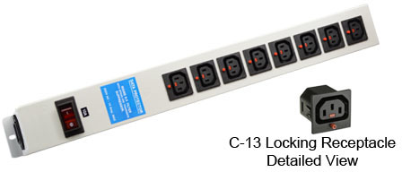 <font color="red">LOCKING </font> IEC 60320 C-13 C-14 PDU POWER STRIP, 8 IEC 60320 <font color="red">LOCKING C-13 POWER OUTLETS </font>, 10 AMPERE 230 VOLT, VERTICAL RACK / SURFACE MOUNT, METAL ENCLOSURE, R.F. FILTER, SURGE PROTECTION (140 JOULES), ILLUMINATED 10 AMPERE DOUBLE POLE CIRCUIT BREAKER, 2 POLE-3 WIRE GROUNDING (2P+E), IEC 60320 C-14 POWER INLET, GRAY.

<br><font color="yellow">Notes: </font> 
<br><font color="yellow">*</font> Press in and hold down the <font color=Red>red button</font> until the C-14 plug is fully seated in the C-13 locking outlet, then release the button. This procedure locks in the C-14 plug. Push in and hold the red button to unlock the C-14 plug.
<br><font color="yellow">*</font> </font><font color="RED"> IEC 60320 Integrated Component Locking System:</font> IEC 60320 C-13 locking power strip, locking power cords and locking power outlets (NEMA L5-15, L6-15, L5-20, L6-20, L5-30, L6-30 and IEC 60309 (6h) (4h) type) can be combined in a system wide configuration of integrated locking components that prevent accidental disconnects. Call application specialist for details.
