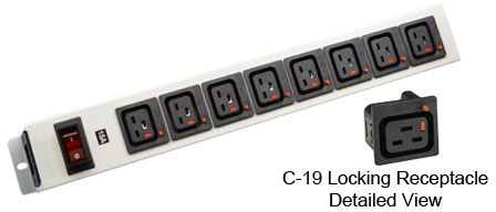<font color="red">LOCKING </font> IEC 60320 C-19 C-20 PDU POWER STRIP, 8 IEC 60320 <font color="red">LOCKING C-19 POWER OUTLETS </font>, 15 AMPERE 240 VOLT, VERTICAL RACK / SURFACE MOUNT, METAL ENCLOSURE, ILLUMINATED 15 AMPERE DOUBLE POLE CIRCUIT BREAKER, 2 POLE-3 WIRE GROUNDING (2P+E), IEC 60320 C-20 POWER INLET, GRAY.

<br><font color="yellow">Notes: </font> 
<br><font color="yellow">*</font> Locking C19 receptacles designed to securely lock onto all C20 plugs, C20 power cords.
<br><font color="yellow">*</font> Press in and hold down the <font color=Red>red button</font> until the C-20 plug is fully seated in the C-19 locking outlet, then release the button. This procedure locks in the C-20 plug. Push in and hold the red button to unlock the C-20 plug.
<br><font color="yellow">*</font> <font color="RED"> IEC 60320 Integrated Component Locking System:</font> IEC 60320 C-19 locking power strip, locking power cords and locking power outlets (NEMA L5-15, L6-15, L5-20, L6-20, L5-30, L6-30 and IEC 60309 (6h)(4h) type) can be combined in a system wide configuration of integrated locking components that prevent accidental disconnects. Call application specialist for details.
