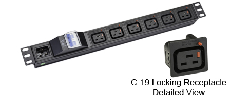 <font color="RED">LOCKING </font> IEC 60320 C-19 C-20, 16A-230V PDU POWER STRIP, 6 IEC 60320 <font color="RED"> LOCKING C-19 POWER OUTLETS</font>, IEC 60320 C-20 POWER INLET, "19 IN." HORIZONTAL RACK MOUNT, (1U) METAL ENCLOSURE, 16 AMP. DOUBLE POLE C CURVE CIRCUIT BREAKER, 2 POLE-3 WIRE GROUNDING (2P+E). BLACK.

<br><font color="yellow">Notes: </font> 
<br><font color="yellow">*</font> Locking C19 receptacles designed to securely lock onto all C20 plugs, C20 power cords.
<br><font color="yellow">*</font> Operating temp. = -10�C to +60�C.
<br><font color="yellow">*</font> Storage temp. = -25�C to +65�C.
<br><font color="yellow">*</font> Press in and hold down the <font color=Red>red button</font> until the C-20 plug is fully seated in the C-19 locking outlet, then release the button. This procedure locks in the C-20 plug. Push in and hold down the red button to unlock the C-20 plug.
<br><font color="yellow">*</font> <font color="RED"> IEC 60320 Integrated Component Locking System:</font> IEC 60320 C-19 locking power strip, locking power cords and locking power outlets (NEMA L5-15, L6-15, L5-20, L6-20, L5-30, L6-30 and IEC 60309 (6h)(4h) type) can be combined in a system wide configuration of integrated locking components that prevent accidental disconnects. Call application specialist for details.
<br><font color="yellow">*</font> C-19, C-20 locking power cords, locking outlet strips, locking C-19 panel mount outlets are listed below in related products. Scroll down to view.



  
 