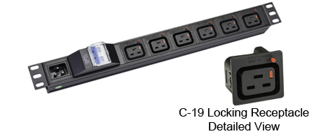 <font color="RED">LOCKING </font> IEC 60320 C-19 C-20, 16A-230V PDU POWER STRIP, 6 IEC 60320 <font color="RED"> LOCKING C-19 POWER OUTLETS</font>, IEC 60320 C-20 POWER INLET, "19 IN." HORIZONTAL RACK MOUNT, (1U) METAL ENCLOSURE, 16 AMP. DOUBLE POLE C CURVE CIRCUIT BREAKER, 2 POLE-3 WIRE GROUNDING (2P+E). BLACK.

<br><font color="yellow">Notes: </font> 
<br><font color="yellow">*</font> Locking C19 receptacles designed to securely lock onto all C20 plugs, C20 power cords.
<br><font color="yellow">*</font> Operating temp. = -10C to +60C.
<br><font color="yellow">*</font> Storage temp. = -25C to +65C.
<br><font color="yellow">*</font> Press in and hold down the <font color=Red>red button</font> until the C-20 plug is fully seated in the C-19 locking outlet, then release the button. This procedure locks in the C-20 plug. Push in and hold down the red button to unlock the C-20 plug.
<br><font color="yellow">*</font> <font color="RED"> IEC 60320 Integrated Component Locking System:</font> IEC 60320 C-19 locking power strip, locking power cords and locking power outlets (NEMA L5-15, L6-15, L5-20, L6-20, L5-30, L6-30 and IEC 60309 (6h)(4h) type) can be combined in a system wide configuration of integrated locking components that prevent accidental disconnects. Call application specialist for details.
<br><font color="yellow">*</font> C-19, C-20 locking power cords, locking outlet strips, locking C-19 panel mount outlets are listed below in related products. Scroll down to view.



  
 