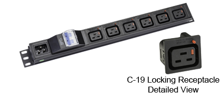 <font color="RED">LOCKING </font> IEC 60320 C-19 C-20, 16A-230V PDU POWER STRIP, 6 IEC 60320 <font color="RED"> LOCKING C-19 POWER OUTLETS</font>, IEC 60320 C-20 POWER INLET, "19 IN." VERTICAL RACK OR SURFACE MOUNT, (1U) METAL ENCLOSURE, 16 AMP. DOUBLE POLE C CURVE CIRCUIT BREAKER, 2 POLE-3 WIRE GROUNDING (2P+E). BLACK.

<br><font color="yellow">Notes: </font> 
<br><font color="yellow">*</font> Locking C19 receptacles designed to securely lock onto all C20 plugs, C20 power cords.
<br><font color="yellow">*</font> Operating temp. = -10�C to +60�C.
<br><font color="yellow">*</font> Storage temp. = -25�C to +65�C.
<br><font color="yellow">*</font> Press in and hold down the <font color=Red>red button</font> until the C-20 plug is fully seated in the C-19 locking outlet, then release the button. This procedure locks in the C-20 plug. Push in and hold down the red button to unlock the C-20 plug.
<br><font color="yellow">*</font> <font color="RED"> IEC 60320 Integrated Component Locking System:</font> IEC 60320 C-19 locking power strip, locking power cords and locking power outlets (NEMA L5-15, L6-15, L5-20, L6-20, L5-30, L6-30 and IEC 60309 (6h)(4h) type) can be combined in a system wide configuration of integrated locking components that prevent accidental disconnects. Call application specialist for details.
<br><font color="yellow">*</font> C-19, C-20 locking power cords, locking outlet strips, locking C-19 panel mount outlets are listed below in related products. Scroll down to view.




  
 