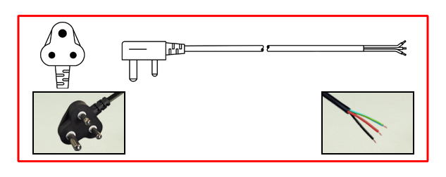 INDIA 10 AMPERE-250 VOLT POWER SUPPPLY CORD, IS 1293:2019 <font color="yellow"> TYPE M </font> [IN1-16P] PLUG, STRIPPED ENDS, 2 POLE-3 WIRE GROUNDING [2P+E], 2.5 METERS [8FT-2IN] [98"] LONG. BLACK.
<br><font color="yellow">Length: 2.5 METERS [8FT-2IN]</font>

<br><font color="yellow">Notes: </font> 
<br><font color="yellow">*</font> ISI mark, BIS approved.
<br><font color="yellow">*</font> Cordage IS 694 type YY (PVC), Conductors: black, red, green / yellow.
<br><font color="yellow">*</font> Temp. rating = -15C to +70C.
<br><font color="yellow">*</font> Power cords, plugs, outlets, GFCI /RCD sockets, power strips, plug adapters listed below. Scroll down to view.
