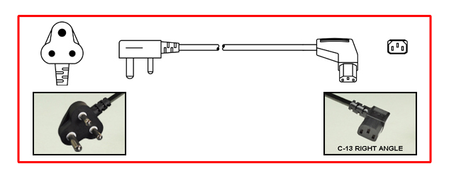 INDIA 10 AMPERE-250 VOLT POWER CORD, IS 1293:2019 <font color="yellow"> TYPE M </font> [IN1-16P] PLUG, RIGHT ANGLE IEC 60320 C-13 CONNECTOR, 2 POLE-3 WIRE GROUNDING [2P+E], 2.5 METERS [8FT-2IN] [98"] LONG. BLACK.
<br><font color="yellow">Length: 2.5 METERS [8FT-2IN]</font>

<br><font color="yellow">Notes: </font> 
<br><font color="yellow">*</font> ISI mark, BIS approved.
<br><font color="yellow">*</font> Cordage IS 694 type YY (PVC), Conductors: Black, Red, Green / Yellow.
<br><font color="yellow">*</font> Temp. rating = -15C to +70C.
<br><font color="yellow">*</font> Power cords, plugs, outlets, GFCI/RCD sockets, power strips, plug adapters listed below. Scroll down to view.
