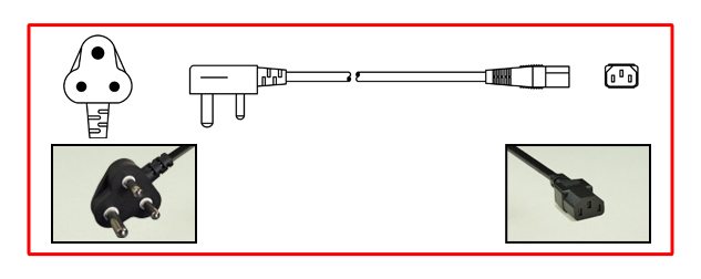 INDIA 10 AMPERE-250 VOLT POWER CORD, IS 1293:2019 <font color="yellow"> TYPE M </font> [IN1-16P] PLUG, IEC 60320 C-13 CONNECTOR, 2 POLE-3 WIRE GROUNDING [2P+E], 2.5 METERS [8FT-2IN] [98"] LONG. BLACK.
<br><font color="yellow">Length: 2.5 METERS [8FT-2IN]</font>

<br><font color="yellow">Notes: </font> 
<br><font color="yellow">*</font> ISI mark, BIS approved.
<br><font color="yellow">*</font> Cordage IS 694 type YY (PVC), Conductors: Black, Red, Green / Yellow.
<br><font color="yellow">*</font> Temp. rating = -15C to +70C.
<br><font color="yellow">*</font> Power cords, plugs, outlets, GFCI/RCD sockets, power strips, plug adapters listed below. Scroll down to view.