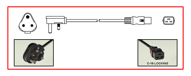 INDIA 16 AMPERE-250 VOLT POWER CORD, IS 1293 <font color="yellow"> TYPE M </font> [IN1-16P] PLUG, IEC 60320 <font color="RED"> LOCKING C19 CONNECTOR</font>, H05VV-F 1.5mm2 CONDUCTORS, 70C, 2 POLE-3 WIRE GROUNDING 2P+E, 2.5 METERS [8FT-2IN] [98"] LONG. BLACK.
<br><font color="yellow">Length: 2.5 METERS [8FT-2IN]</font>

<br><font color="yellow">Notes: </font> 
<br><font color="yellow">*</font> Locking C19 connector designed to securely lock onto all C20 inlets, C20 plugs, C20 power cords.   
<BR><font color="yellow">*</font> IEC C19 connector locks onto C20 power inlets, Slide red lever to release (unlock) C19 connector.
<BR><font color="yellow">*</font> Power cords, plugs, outlets, GFCI/RCD sockets, PDU power strips, plug adapters listed below. Scroll down to view.

 



 