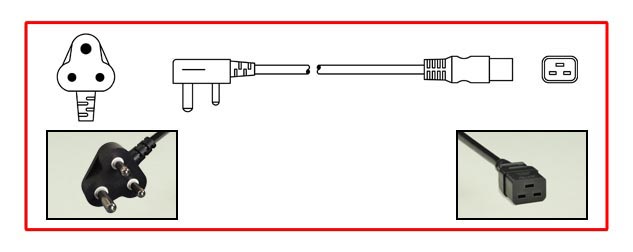 INDIA 16 AMPERE-250 VOLT POWER CORD, IS 1293:2019 <font color="yellow"> TYPE M </font> [IN1-16P] PLUG, IEC 60320 C-19 CONNECTOR, 2 POLE-3 WIRE GROUNDING [2P+E], 2.5 METERS [8FT-2IN] [98"] LONG. BLACK.
<br><font color="yellow">Length: 2.5 METERS [8FT-2IN]</font>

<br><font color="yellow">Notes: </font>   
<BR><font color="yellow">*</font> ISI mark, BIS approved.
<BR><font color="yellow">*</font> Cordage IS 694 type YY (PVC), Conductors: Black, Red, Green / Yellow.
<BR><font color="yellow">*</font> Temp. rating = -15C to +70C.
<BR><font color="yellow">*</font> Power cords, plugs, outlets, GFCI/RCD sockets, PDU power strips, plug adapters listed below. Scroll down to view.

 