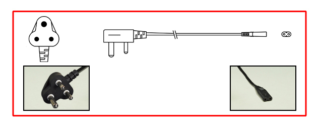 INDIA 2.5 AMPERE-250 VOLT POWER CORD, IS 1293:2019 <font color="yellow"> TYPE M </font> (IN1-16P) 16 AMP PLUG, IEC 60320 2.5 AMP C-7 CONNECTOR, 2 POLE-2 WIRE (2P), 1.8 METERS (6 FEET) (72") LONG. BLACK.
<br><font color="yellow">Length: 1.8 METERS (6 FEET)</font>

<br><font color="yellow">Notes: </font> 
<br><font color="yellow">*</font> ISI mark, BIS approved.
<br><font color="yellow">*</font> Cordage IS 694 type YY (PVC), Conductors: Black, Red, Green / Yellow.
<br><font color="yellow">*</font> Temp. rating = -15C to +70C.
<br><font color="yellow">*</font> Power cords, plugs, outlets, GFCI/RCD sockets, power strips, plug adapters listed below. Scroll down to view.
