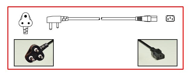 INDIA 6 AMPERE-250 VOLT POWER CORD,<font color="yellow"> TYPE D </font> PLUG [IN2-6P], IEC 60320 C-13 CONNECTOR, 2 POLE-3 WIRE GROUNDING [2P+E], 2.5 METERS [8FT-2IN] [98"] LONG. BLACK.
<br><font color="yellow">Length: 2.5 METERS [8FT-2IN]</font>

<br><font color="yellow">Notes: </font> 
<br><font color="yellow">*</font> Connects with India, South Africa <font color="yellow"> TYPE D </font> 5A/6A-250V outlets.

 