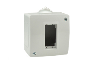 SURFACE MOUNT 1 GANG INSULATED MODULAR DEVICE WALL BOX, IP40 RATED. ACCEPTS 22.5mmX45mm MODULAR SIZE DEVICES. GRAY.

<br><font color="yellow">Notes: </font>
<BR><font color="yellow">*</font> View European, British, International Outlets / Switches. <a href="https://www.internationalconfig.com/modular_electrical_devices.asp" style="text-decoration: none">[ Entire Modular Device Series ]</a> 
<br><font color="yellow">*</font> Box has two knockouts and one membrane gland cable entry.