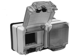 WEATHERPROOF IP66 RATED SURFACE MOUNT 2 GANG (EXTRA DEEP WALL BOX) WITH TRANSPARENT LIFT LID COVERS. ACCEPTS ALL 22.5mmX45mm, 45mmX45mm MODULAR SIZE OUTLETS AND RELATED MODULAR DEVICES. GRAY.

<br><font color="yellow">Notes: </font>
<BR><font color="yellow">*</font> View Modular European, British, International Outlets / Switches. <a href="https://www.internationalconfig.com/modular_electrical_devices.asp" style="text-decoration: none">[ Entire Modular Device Series ]</a> 
<br><font color="yellow">*</font> Not for use with # 74452X45 circuit breaker.
<br><font color="yellow">*</font> Lift lid cover can be completely closed when used with specific down angle plugs. Contact our technical group for compatible angle plugs.
