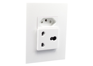 SOUTH AFRICA DUPLEX OUTLET, 16A-250V SANS 164-2 (SA1-16R) <font color="yellow"> TYPE N </font> SOCKET, 16A-250V SANS 164-1 <font color="yellow"> TYPE M </font> (SA2-16R) SOCKET, 6A-250V SANS 164-3 <font color="yellow"> TYPE D </font> (SA3-5R) SOCKET, SHUTTERED CONTACTS, 2 POLE-3 WIRE GROUNDING (2P+E). WHITE.

<br><font color="yellow">Notes: </font> 
<br><font color="yellow">*</font> Mounts on American / South Africa 2x4 wall boxes.
<br><font color="yellow">*</font> Effective January 2018, all new South Africa electrical installations shall include a minimum of one outlet complying with South Africa standard SANS 164-2. Outlet accepts South Africa SANS 164-2 type N (3 pin), SANS 164-5 (2 pin) plugs and type C (2 pin) "Europlugs".
<br><font color="yellow">*</font> Plugs, power cords, GFCI sockets, power strips, adapters, WP enclosures listed below in related products. Scroll down to view.