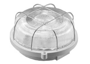 EUROPEAN / INTERNATIONAL ROUND BULKHEAD 230 VOLT, 50 HZ, 13 WATT FLUORESCENT, IP44 RATED LIGHT FIXTURE, (LESS LAMP), GLASS LENS, STEEL WIRE LENS GUARD, THERMOPLASTIC BASE, THREE CONDUIT/CABLE ENTRIES, SURFACE MOUNT. GRAY. 

<br><font color="yellow">Notes: </font> 
<br><font color="yellow">*</font> Use lamp #69320.