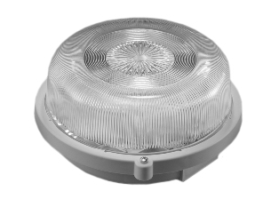 EUROPEAN / INTERNATIONAL ROUND BULKHEAD 230 VOLT, 50 HZ, 13 WATT FLUORESCENT, IP44 RATED LIGHT FIXTURE, (LESS LAMP), GLASS LENS (LESS LENS GUARD), THERMOPLASTIC BASE, THREE CONDUIT/CABLE ENTRIES, SURFACE MOUNT. GRAY. 

<br><font color="yellow">Notes: </font> 
<br><font color="yellow">*</font> Use lamp #69320.