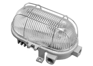 220-240 VOLT, 50 HZ, "L.E.D.", OVAL BULKHEAD, TWO 9 WATT LED LIGHT MODULES (TOTAL 18 WATTS), IP54 RATED LIGHT FIXTURE, APPROXIMATELY 60 WATT LIGHT OUTPUT, LIFE SPAN 50,000 HOURS, COOL WHITE LIGHT COLOR, FROSTED PRISMATIC GLASS LENS, STEEL WIRE LENS GUARD, COATED ALUMINUM BASE, THREE M20x1.5 THREADED CONDUIT/CABLE ENTRIES, SURFACE MOUNT. GRAY.