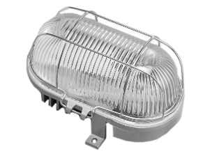 EUROPEAN / INTERNATIONAL 100 WATT 230-250  VOLT, 50 HZ, OVAL BULKHEAD, IP44 RATED INCANDESCENT/ FLUORESCENT INSULATED BASE LIGHT FIXTURE, (LESS E-27 LAMP), GLASS LENS, GRAY COATED STEEL WIRE LENS GUARD, SURFACE MOUNT. GRAY.

<br><font color="yellow">Notes: </font> 
<br><font color="yellow">*</font> Lamp options: #69300 (100 watt incandescent), #69275 (75 watt incandescent), #69013 (13 watt CFL fluorescent).