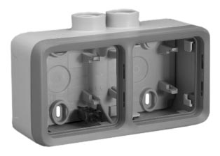 WEATHERPROOF IP55 RATED TWO GANG SURFACE MOUNT HORIZONTAL WALL BOX, TWO M20 CABLE / CONDUIT ENTRY HUBS <font color="yellow">(*)</font>, WALL BOX MOUNTING ORIENTATION OPTIONS: HUBS ON TOP OR BOTTOM. GRAY.
<BR><font color="yellow">Notes:</font>
<br><font color="yellow">*</font> Accepts 22.5mmX45mm & 45mmX45mm modular size devices.

<BR><font color="yellow">*</font> View European, British, International Outlets / Switches. <a href="https://www.internationalconfig.com/modular_electrical_devices.asp" style="text-decoration: none">[ Entire Modular Device Series ]</a>

<BR><font color="yellow">*</font> View IP20 Rated Cover / Mounting Frame. <a href="https://internationalconfig.com/icc6.asp?item=69582X45" style="text-decoration: none"> [ IP20 Device Cover ]</a> 
  
<BR><font color="yellow">*</font> View IP55 Rated Weatherproof Cover / Mounting Frame. <a href="https://internationalconfig.com/icc6.asp?item=69580X45" style="text-decoration: none"> [ IP55 Device Cover ]</a>

<br><font color="yellow">*</font> For IP55 Weatherproof applications: Use two # 69580X45 lift lid weatherproof covers with # 69678X45.
<br><font color="yellow">*</font> For IP20 applications: Use two # 69582X45 covers with # 69678X45.  
<br><font color="yellow">*</font> <font color="yellow">(*)</font> M20 adapter # 01614 available. Converts M20 to 1/2 inch National Pipe Thread (NPT).
 

