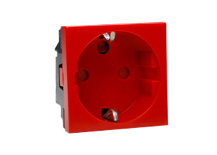 EUROPEAN SCHUKO 16 AMPERE-250 VOLT <font color="yellow">TAMPERPROOF</font> MODULAR OUTLET CEE 7/3 TYPE F, (EU1-16R), 45mmX45mm SIZE, TAMPERPROOF SHUTTERED CONTACTS, 2 POLE-3 WIRE GROUNDING (2P+E). RED.

<br><font color="yellow">Notes: </font>  
<br><font color="yellow">*</font> Mounts on American 2X4 wall boxes, requires frame # 79120X45-N & # 79130X45-N wall plate (White, Black, ALU, SS). 
<br> <font color="yellow">*</font> Mounts on American 4X4 wall boxes, requires frame # 79210X45-N & # 79220X45-N wall plate (White, SS).<br><font color="yellow">*</font> Mounts on European wall boxes (60mm on center), requires frame # 79250X45-N & wall plate # 79265X45-N.
<br><font color="yellow">*</font> Surface mount insulated wall boxes # 680602X45 series. Surface mount Metal wall boxes # 79235X45 series.
<br><font color="yellow">*</font> Surface mount weatherproof, IP66 rated. Requires frame # 730092X45 & # 74790X45 wall box.
<br><font color="yellow">*</font> Panel mount frames # 79100X45, # 79100X45-ALU. DIN rail mount Frame # 79595X45. <a href="https://www.internationalconfig.com/catalog_pages/pg94.pdf" style="text-decoration: none" target="_blank"> Panel Mount Instruction Guide</a>
<br><font color="yellow">*</font> Complete range of modular devices and mounting component options. <a href="https://www.internationalconfig.com/modular_electrical_devices.asp" style="text-decoration: none">Modular Devices Link</a>
 <br><font color="yellow">*</font> Wall plates, boxes, outlets, switches, modular GFCI/RCD and circuit breakers are listed below. Scroll down to view.
 