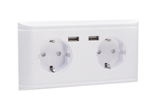 EUROPEAN SCHUKO 16 AMPERE-250 VOLT CEE 7/3 TYPE F DUPLEX OUTLET (EU1-16R), SHUTTERED CONTACTS, TWO USB PORTS, PANEL OR WALL BOX MOUNT. WHITE. 

<br><font color="yellow">Notes: </font> 
<br><font color="yellow">*</font> For European wall box mount applications = view #77190-D.
