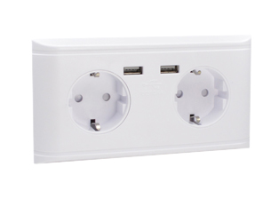 EUROPEAN SCHUKO 16 AMPERE-250 VOLT CEE 7/3 TYPE F DUPLEX OUTLET (EU1-16R), SHUTTERED CONTACTS, TWO USB PORTS, PANEL OR WALL BOX MOUNT. WHITE. 

<br><font color="yellow">Notes: </font> 
<br><font color="yellow">*</font> For European wall box mount applications = view #77190-D.
