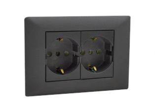 EUROPEAN SCHUKO, ITALY, CHILE, 16A-250V CEE 7/3 DUPLEX OUTLET, TYPE E, F, L (EU1-16R / IT1-10R), SHUTTERED CONTACTS, WALL BOX, PANEL MOUNT, 2 POLE-3 WIRE GROUNDING (2P+E). DARK GRAY. 

<br><font color="yellow">Notes: </font> 
<br><font color="yellow">*</font> Mounts on American 2x4 wall boxes or panel mount.


<BR><font color="yellow">*</font> Weatherproof IP 55 Version: Requires ONE # 84202-WP & TWO # 84211-A outlets (White). Options: Red, Dark Gray.


<br><font color="yellow">*</font> Outlet accepts European Type C, E, F, CEE 7, CEE 7/4, CEE 7/7 Plugs, Europlug & Italy, Chile, Type L 10A-250V Plugs.
<br><font color="yellow">*</font> Outlet terminal screws torque = 0.5Nm.
<br><font color="yellow">*</font> European Outlets, RCBO/RCD Sockets, Plugs, PDU Strips, Power Cords listed below. Scroll down to view.



