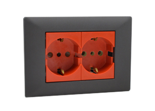 EUROPEAN SCHUKO, ITALY, CHILE, 16A-250V CEE 7/3 DUPLEX OUTLET, TYPE E, F, L (EU1-16R / IT1-10R), SHUTTERED CONTACTS, WALL BOX, PANEL MOUNT, 2 POLE-3 WIRE GROUNDING (2P+E). DARK GRAY / RED. 

<br><font color="yellow">Notes: </font> 
<br><font color="yellow">*</font> Mounts on American 2x4 wall boxes or panel mount.


<BR><font color="yellow">*</font> Weatherproof IP 55 Version: Requires ONE # 84202-WP & TWO # 84211-A outlets (White). Options: Red, Dark Gray.


<br><font color="yellow">*</font> Outlet accepts European Type C, E, F, CEE 7, CEE 7/4, CEE 7/7 Plugs, Europlug & Italy, Chile, Type L 10A-250V Plugs.
<br><font color="yellow">*</font> Outlet terminal screws torque = 0.5Nm.
<br><font color="yellow">*</font> European Outlets, RCBO/RCD Sockets, Plugs, PDU Strips, Power Cords listed below. Scroll down to view.


