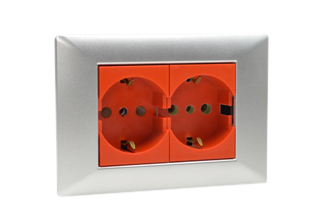 EUROPEAN SCHUKO, ITALY, CHILE, 16A-250V CEE 7/3 DUPLEX OUTLET, TYPE E, F, L (EU1-16R / IT1-10R), SHUTTERED CONTACTS, WALL BOX, PANEL MOUNT, 2 POLE-3 WIRE GROUNDING (2P+E). CHROME / RED.

<br><font color="yellow">Notes: </font> 
<br><font color="yellow">*</font> Mounts on American 2x4 wall boxes or panel mount.


<BR><font color="yellow">*</font> Weatherproof IP 55 Version: Requires ONE # 84202-WP & TWO # 84211-A outlets (White). Options: Red, Dark Gray.


<br><font color="yellow">*</font> Outlet accepts European Type C, E, F, CEE 7, CEE 7/4, CEE 7/7 Plugs, Europlug & Italy, Chile, Type L 10A-250V Plugs.
<br><font color="yellow">*</font> Outlet terminal screws torque = 0.5Nm.
<br><font color="yellow">*</font> European Outlets, RCBO/RCD Sockets, Plugs, PDU Strips, Power Cords listed below. Scroll down to view.


