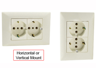 EUROPEAN SCHUKO, ITALY, CHILE, 16A-250V CEE 7/3 DUPLEX OUTLET, TYPE E, F, L (EU1-16R / IT1-10R), SHUTTERED CONTACTS, WALL BOX, PANEL MOUNT, 2 POLE-3 WIRE GROUNDING (2P+E). WHITE. 

<br><font color="yellow">Notes: </font> 
<br><font color="yellow">*</font> Mounts on American 2x4 wall boxes & International wall boxes with 39/32" (83mm / 84mm) mounting centers.

<BR><font color="yellow">*</font> Weatherproof IP 55 Version: Requires ONE # 84202-WP & TWO # 84211-A outlets (White). Options: Red, Dark Gray.


<br><font color="yellow">*</font> Outlet accepts European Type C, E, F, CEE 7, CEE 7/4, CEE 7/7 Plugs, Europlug & Italy, Chile, Type L 10A-250V Plugs.
<br><font color="yellow">*</font> Outlet terminal screws torque = 0.5Nm.
<br><font color="yellow">*</font> European Outlets, RCBO/RCD Sockets, Plugs, PDU Strips, Power Cords listed below. Scroll down to view.




 
 