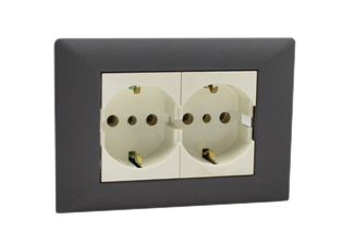 EUROPEAN SCHUKO, ITALY, CHILE, 16A-250V CEE 7/3 DUPLEX OUTLET, TYPE E, F, L (EU1-16R / IT1-10R), SHUTTERED CONTACTS, WALL BOX, PANEL MOUNT, 2 POLE-3 WIRE GROUNDING (2P+E). DARK GRAY / WHITE. 

<br><font color="yellow">Notes: </font> 
<br><font color="yellow">*</font> Mounts on American 2x4 wall boxes or panel mount.


<BR><font color="yellow">*</font> Weatherproof IP 55 Version: Requires ONE # 84202-WP & TWO # 84211-A outlets (White). Options: Red, Dark Gray.


<br><font color="yellow">*</font> Outlet accepts European Type C, E, F, CEE 7, CEE 7/4, CEE 7/7 Plugs, Europlug & Italy, Chile, Type L 10A-250V Plugs.
<br><font color="yellow">*</font> Outlet terminal screws torque = 0.5Nm.
<br><font color="yellow">*</font> European Outlets, RCBO/RCD Sockets, Plugs, PDU Strips, Power Cords listed below. Scroll down to view.



