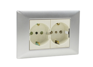 EUROPEAN SCHUKO, ITALY, CHILE, 16A-250V CEE 7/3 DUPLEX OUTLET, TYPE E, F, L (EU1-16R / IT1-10R), SHUTTERED CONTACTS, WALL BOX, PANEL MOUNT, 2 POLE-3 WIRE GROUNDING (2P+E). CHROME / WHITE. 

<br><font color="yellow">Notes: </font> 
<br><font color="yellow">*</font> Mounts on American 2x4 wall boxes or panel mount.


<BR><font color="yellow">*</font> Weatherproof IP 55 Version: Requires ONE # 84202-WP & TWO # 84211-A outlets (White). Options: Red, Dark Gray.


<br><font color="yellow">*</font> Outlet accepts European Type C, E, F, CEE 7, CEE 7/4, CEE 7/7 Plugs, Europlug & Italy, Chile, Type L 10A-250V Plugs.
<br><font color="yellow">*</font> Outlet terminal screws torque = 0.5Nm.
<br><font color="yellow">*</font> European Outlets, RCBO/RCD Sockets, Plugs, PDU Strips, Power Cords listed below. Scroll down to view.


