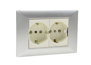 EUROPEAN SCHUKO, ITALY, CHILE, 16A-250V CEE 7/3 DUPLEX OUTLET, TYPE E, F, L (EU1-16R / IT1-10R), SHUTTERED CONTACTS, WALL BOX, PANEL MOUNT, 2 POLE-3 WIRE GROUNDING (2P+E). CHROME / WHITE. 

<br><font color="yellow">Notes: </font> 
<br><font color="yellow">*</font> Mounts on American 2x4 wall boxes or panel mount.


<BR><font color="yellow">*</font> Weatherproof IP 55 Version: Requires ONE # 84202-WP & TWO # 84211-A outlets (White). Options: Red, Dark Gray.


<br><font color="yellow">*</font> Outlet accepts European Type C, E, F, CEE 7, CEE 7/4, CEE 7/7 Plugs, Europlug & Italy, Chile, Type L 10A-250V Plugs.
<br><font color="yellow">*</font> Outlet terminal screws torque = 0.5Nm.
<br><font color="yellow">*</font> European Outlets, RCBO/RCD Sockets, Plugs, PDU Strips, Power Cords listed below. Scroll down to view.


