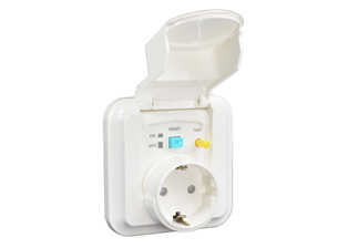 WEATHERPROOF IP44 RATED CLASS 1 (COVER CLOSED)<font color="yellow"> GFCI (RCD) </font> EUROPEAN (SCHUKO) OUTLET, 16 AMPERE-230 VOLT, 50 Hz, <font color="yellow">10mA TRIP</font>, CEE 7/3 TYPE F SOCKET (EU1-16R), SHUTTERED CONTACTS, TEST / RESET BUTTON, ON/OFF INDICATORS, SCREW LESS TERMINALS, 2 POLE-3 WIRE GROUNDING (2P+E). WHITE.

<BR><font color="yellow"> Notes:</font>
<BR><font color="yellow">*</font> Mounts on European wall boxes with 60mm (60.3mm) mounting centers.
<BR><font color="yellow">*</font> Mounts on # wall boxes # 72350X47D, 72350X35D, 72350-F wall boxes or panel mount. 


<BR><font color="yellow">*</font> Use on single phase 230 volt circuits only.
<BR><font color="yellow">*</font> Material = PC. Operating temp. = -25C to +40C.
<BR><font color="yellow">*</font> Not for use on life support, medical equipment, refrigeration equipment.
<BR><font color="yellow">*</font> GFCI (RCD) outlets are available for all countries. Contact us.  

