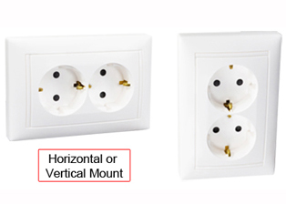 EUROPEAN SCHUKO 16 AMPERE-250 VOLT CEE 7/3 TYPE F DUPLEX OUTLET, (EU1-16R), SHUTTERED CONTACTS, FLUSH MOUNT / PANEL MOUNT, 2 POLE-3 WIRE GROUNDING (2P+E). WHITE.

<BR><font color="yellow">Notes:</font>
<br><font color="yellow">*</font> Mounts on European wall boxes with 60mm (60.3mm) centers or panel mount. 
<BR><font color="yellow">*</font> European wall box mount applications = Use #72350X47D, #72350X35D #77190 wall boxes.
<BR><font color="yellow">*</font> American 2x4 wall box mount applications = Use duplex outlet #70114-DW. 
<BR><font color="yellow">*</font> Locking outlet version #70310 available. Prevents accidental disconnects.
 <BR><font color="yellow">*</font> European Schuko connectors, plugs, inlets, outlets, GFCI/RCD sockets, power strips, power cords, plug adapters in related products. Scroll down to view.



 