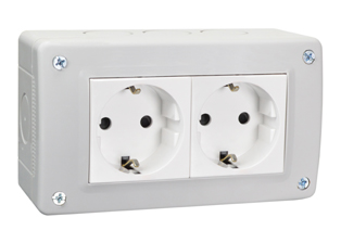 EUROPEAN SCHUKO CEE 7/3 TYPE F (EU1-16R) 16 AMPERE-250 VOLT SURFACE MOUNT DUPLEX OUTLET, SHUTTERED CONTACTS, 2 POLE-3 WIRE GROUNDING (2P+E). WHITE OUTLET, GREY ENCLOSURE.

<br><font color="yellow">Notes: </font> 
<br><font color="yellow">*</font> European Schuko connectors, plugs, inlets, outlets, GFCI/RCD sockets, power strips, power cords, plug adapters listed below in related products. Scroll down to view.