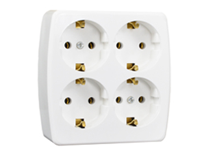 EUROPEAN SCHUKO 16A-250V SURFACE MOUNT QUAD OUTLET, IP20, CEE 7/3 TYPE F OUTLET, 2 POLE-3 WIRE GROUNDING (2P+E). WHITE.

<br><font color="yellow">Notes: </font> 

<br><font color="yellow">*</font> Outlet has cord grip / strain relief for extension cord applications. Requires European 16A-250V power cord.</font> <a href="https://internationalconfig.com/icc6.asp?item=81070" style="text-decoration: none">Power Cords Link</a>

<br><font color="yellow">*</font> Surface mount applications require fixing centers. View print for details.

<br><font color="yellow">*</font> Temperature Range: -5C to +40C.
<br><font color="yellow">*</font> Material: Cover = Polypropylene, Base = Urea Resin

<br> <font color="yellow">*</font> Screw Torque: L + N + E Terminals & Cover = 0.4Nm, Internal Cord Clamp = 0.8Nm. 
 

<br><font color="yellow">*</font> European Schuko connectors, plugs, inlets, outlets, GFCI/RCD sockets, power strips, power cords, plug adapters listed below. Scroll down to view.