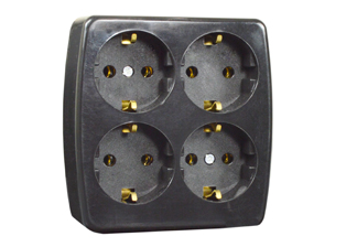 EUROPEAN SCHUKO 16A-250V SURFACE MOUNT QUAD OUTLET, IP20, CEE 7/3 TYPE F OUTLET, 2 POLE-3 WIRE GROUNDING (2P+E). BLACK.

<br><font color="yellow">Notes: </font> 

<br><font color="yellow">*</font> Outlet has cord grip / strain relief for extension cord applications. Requires European 16A-250V power cord.</font> <a href="https://internationalconfig.com/icc6.asp?item=81070" style="text-decoration: none">Power Cords Link</a>

<br><font color="yellow">*</font> Surface mount applications require fixing centers. View print for details.

<br><font color="yellow">*</font> Temperature Range: -5C to +40C.
<br><font color="yellow">*</font> Material: Cover = Polypropylene, Base = Urea Resin
<br> <font color="yellow">*</font> Screw Torque: L + N + E Terminals & Cover = 0.4Nm, Internal Cord Clamp = 0.8Nm. 
 
 
<br><font color="yellow">*</font> European Schuko connectors, plugs, inlets, outlets, GFCI/RCD sockets, power strips, power cords, plug adapters listed below. Scroll down to view.