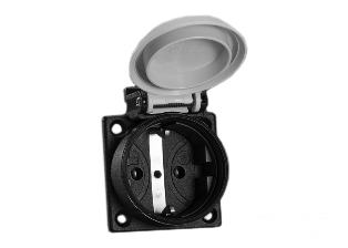 EUROPEAN SCHUKO CEE 7/3 (EU1-16R) 16 AMPERE-250 VOLT WEATHERPROOF PANEL OR WALL BOX MOUNT POWER OUTLET WITH GASKET, IP54 COVER CLOSED, IP20 COVER OPEN, 2 POLE-3 WIRE GROUNDING (2P+E), DIN 49440. BLACK BASE, GRAY FLIP LID COVER. 

<br><font color="yellow">Notes: </font> 
<br><font color="yellow">*</font> Temp. range = -25C to +40C.
<br><font color="yellow">*</font> Stainless steel wall plates #97120-BZ and #97120-DBZ mounts outlet onto standard American 2x4 and 4x4 wall boxes.
<br><font color="yellow">*</font> For surface mount applications use #70125 wall box.
<br><font color="yellow">*</font> For DIN rail mount use #70125-DIN bracket with #70125 wall box.
<br><font color="yellow">*</font> Optional panel mount terminal shield #70127 available.
<br><font color="yellow">*</font> European Schuko "locking" outlet #70300 available. Prevents accidental disconnects.
<br><font color="yellow">*</font> International / Worldwide panel mount power outlets for all countries are listed below in related products. Scroll down to view.
<BR> Scroll down to view.