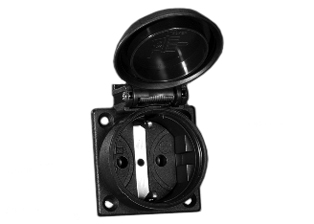 EUROPEAN SCHUKO CEE 7/3 (EU1-16R) 16 AMPERE-250 VOLT WEATHERPROOF PANEL OR WALL BOX MOUNT POWER OUTLET WITH GASKET, IP54 COVER CLOSED, IP20 COVER OPEN, 2 POLE-3 WIRE GROUNDING (2P+E), DIN 49440. BLACK. 

<br><font color="yellow">Notes: </font> 
<br><font color="yellow">*</font> Temp. range = -25C to +40C.
<br><font color="yellow">*</font> Stainless steel wall plates #97120-BZ and #97120-DBZ mounts outlet onto standard American 2x4 and 4x4 wall boxes.
<br><font color="yellow">*</font> For surface mount applications use #70125 wall box.
<br><font color="yellow">*</font> For DIN rail mount use #70125-DIN bracket with #70125 wall box.
<br><font color="yellow">*</font> Optional panel mount terminal shield #70127 available.
<br><font color="yellow">*</font> European Schuko "locking" outlet #70300 available. Prevents accidental disconnects.
<br><font color="yellow">*</font> International / Worldwide panel mount power outlets for all countries are listed below in related products. Scroll down to view.