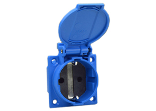 EUROPEAN SCHUKO CEE 7/3 (EU1-16R) 16 AMPERE-250 VOLT WEATHERPROOF PANEL OR WALL BOX MOUNT POWER OUTLET WITH GASKET, (IP54 COVER CLOSED, IP20 COVER OPEN), "SHUTTERED CONTACTS", 2 POLE-3 WIRE GROUNDING (2P+E). BLUE. 

<br><font color="yellow">Notes: </font> 
<br><font color="yellow">*</font> Temp. range = -25C to +40C.
<br><font color="yellow">*</font> Stainless steel wall plates #97120-BZ and #97120-DBZ mounts outlet onto standard American 2x4 and 4x4 wall boxes.
<br><font color="yellow">*</font> For surface mount applications use #70125 wall box.
<br><font color="yellow">*</font> For DIN rail mount use #70125-DIN bracket with #70125 wall box.
<br><font color="yellow">*</font> Optional panel mount terminal shield #70127 available.
<br><font color="yellow">*</font> European Schuko "locking" outlet #70300 available. Prevents accidental disconnects.
<br><font color="yellow">*</font> International / Worldwide panel mount power outlets for all countries are listed below in related products. Scroll down to view.