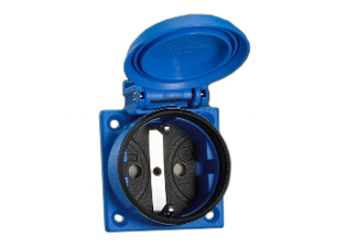 EUROPE, EUROPEAN SCHUKO CEE 7/3 16 AMPERE-250 VOLT IP54 RATED (COVER CLOSED) WEATHERPROOF OUTLET WITH GASKET, (EU1-16R), "SHUTTERED CONTACTS", PANEL OR WALL BOX MOUNT, 2 POLE-3 WIRE GROUNDING (2P+E). BLUE. 

<br><font color="yellow">Notes: </font> 
<br><font color="yellow">*</font> Temp. range = -25C to +40C.
<br><font color="yellow">*</font> Stainless steel wall plates #97120-BZ and #97120-DBZ mounts outlet onto standard American 2x4 and 4x4 wall boxes.
<br><font color="yellow">*</font> For surface mount applications use #70125 wall box.
<br><font color="yellow">*</font> For DIN rail mount use #70125-DIN bracket with #70125 wall box.
<br><font color="yellow">*</font> Optional panel mount terminal shield #70127 available.
<br><font color="yellow">*</font> Use plug #70150-N (IP54 rated) with IP54 rated outlets.
<br><font color="yellow">*</font> European Schuko "locking" outlet #70300 available. Prevents accidental disconnects.
<br><font color="yellow">*</font> International / Worldwide panel mount power outlets for all countries are listed below in related products. Scroll down to view.