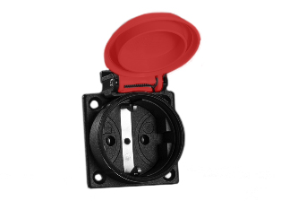 EUROPE, EUROPEAN SCHUKO CEE 7/3 16 AMPERE-250 VOLT IP54 RATED (COVER CLOSED) WEATHERPROOF OUTLET WITH GASKET, (EU1-16R), PANEL OR WALL BOX MOUNT, 2 POLE-3 WIRE GROUNDING (2P+E). BLACK WITH RED COVER. 

<br><font color="yellow">Notes: </font> 
<br><font color="yellow">*</font> Temp. range = -25C to +40C.
<br><font color="yellow">*</font> Stainless steel wall plates #97120-BZ and #97120-DBZ mounts outlet onto standard American 2x4 and 4x4 wall boxes.
<br><font color="yellow">*</font> For surface mount applications use #70125 wall box.
<br><font color="yellow">*</font> For DIN rail mount use #70125-DIN bracket with #70125 wall box.
<br><font color="yellow">*</font> Optional panel mount terminal shield #70127 available.
<br><font color="yellow">*</font> Use plug #70150-N (IP54 rated) with IP54 rated outlets.
<br><font color="yellow">*</font> European Schuko "locking" outlet #70300 available. Prevents accidental disconnects.
<br><font color="yellow">*</font> International / Worldwide panel mount power outlets for all countries are listed below in related products. Scroll down to view.