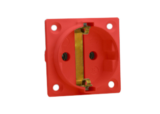 EUROPEAN SCHUKO 16 AMPERE-250 VOLT CEE 7/3 TYPE F OUTLET (EU1-16R), 50mmX50mm SIZE, PANEL MOUNT OR WALL BOX MOUNT, 2 POLE-3 WIRE GROUNDING (2P+E), IMPACT RESISTANT NYLON. RED.

<br><font color="yellow">Notes: </font> 
<br><font color="yellow">*</font> Terminal screw torque = 0.5Nm.
<br><font color="yellow">*</font> Stainless steel wall plates #97120-BZ and #97120-DBZ mounts outlet onto standard American 2x4 and 4x4 wall boxes.
<br><font color="yellow">*</font> Optional panel mount terminal shield #70127 available.
<br><font color="yellow">*</font> European Schuko "locking" outlet #70300 available. Prevents accidental disconnects.
<br><font color="yellow">*</font> International / Worldwide panel mount power outlets for all countries are listed below in related products. Scroll down to view.