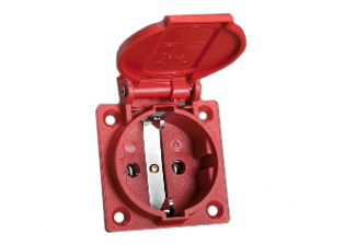 EUROPEAN SCHUKO CEE 7/3 (EU1-16R) 16 AMPERE-250 VOLT WEATHERPROOF PANEL OR WALL BOX MOUNT POWER OUTLET WITH GASKET, (IP54 COVER CLOSED, IP20 COVER OPEN), 2 POLE-3 WIRE GROUNDING (2P+E). RED. 

<br><font color="yellow">Notes: </font> 
<br><font color="yellow">*</font> Temp. range = -25C to +40C.
<br><font color="yellow">*</font> Stainless steel wall plates #97120-BZ and #97120-DBZ mounts outlet onto standard American 2x4 and 4x4 wall boxes.
<br><font color="yellow">*</font> For surface mount applications use #70125 wall box.
<br><font color="yellow">*</font> For DIN rail mount use #70125-DIN bracket with #70125 wall box.
<br><font color="yellow">*</font> Optional panel mount terminal shield #70127 available.
<br><font color="yellow">*</font> European Schuko "locking" outlet #70300 available. Prevents accidental disconnects.
<br><font color="yellow">*</font> International / Worldwide panel mount power outlets for all countries are listed below in related products. Scroll down to view.