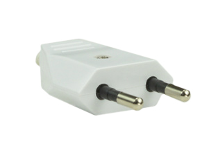 EUROPEAN, INTERNATIONAL, S. AFRICA PLUG, 2.5 AMPERE 250 VOLT, TYPE C, 4.0 mm DIA. PINS, CEE 7/16, CEI 23-16, SANS 164-5, REWIREABLE EUROPLUG, 2 POLE-2 WIRE (2P), SCREW TERMINALS, MAX. CORD O.D. = 0.300", ACCEPTS ROUND OR FLAT CORD, INTERNAL & EXTERNAL STRAIN RELIEFS. WHITE. 
