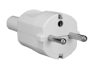 EUROPEAN SCHUKO, GERMANY, FRANCE, BELGIUM PLUG, 16 AMPERE-250 VOLT, TYPE E, F PLUG, CEE 7/7 (EU1-16P), IP20 RATED, 4.8 mm DIA. PINS, REWIREABLE PLUG, 2 POLE-3 WIRE GROUNDING (2P+E), STRAIN RELIEF, O.D. CORD GRIP = 8.3mm (0.330"). WHITE.

<br><font color="yellow">Notes: </font> 
<br><font color="yellow">*</font> Temp. rating = -10C to +40C.
<br><font color="yellow">*</font> European Schuko "locking plug" #70341-N is listed below. Prevents accidental disconnects.
<br><font color="yellow">*</font> European Schuko connectors, plugs, inlets, outlets, GFCI /RCD sockets, power strips, power cords, plug adapters listed below in related products. Scroll down to view.