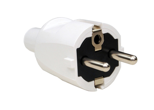 EUROPEAN SCHUKO, GERMANY, FRANCE, BELGIUM, RUSSIA PLUG, 16 AMPERE-250 VOLT, CEE 7/7 (EU1-16P) TYPE E, F PLUG, 4.8mm DIA. PINS, IP20 RATED, REWIREABLE PLUG, 2 POLE-3 WIRE GROUNDING (2P+E), IMPACT RESISTANT, O.D. CORD GRIP = 10.4mm (0.409"). WHITE.  

<br><font color="yellow">Notes: </font> 
<br><font color="yellow">*</font> Terminals accept 0.75mm-1.5mm conductors. 
<br><font color="yellow">*</font> Screw torques: Terminals = 0.5Nm-0.8Nm., Strain relief = 0.5Nm, Housing = 0.5Nm.
<br><font color="yellow">*</font> Operating temp. = -15C to +35C.
<br><font color="yellow">*</font> Storage temp. = -15C to +60C.
<br><font color="yellow">*</font> Materials = PVC, PA.
<br><font color="yellow">*</font> Schuko plugs, outlets, In-line connectors, PDU socket strips, power cords, adapters are listed below in related products. Scroll down to view.
