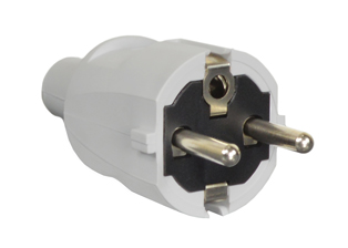 EUROPEAN SCHUKO, GERMANY, FRANCE, BELGIUM, RUSSIA PLUG, 16 AMPERE-250 VOLT, CEE 7/7 (EU1-16P) TYPE E, F PLUG, 4.8mm DIA. PINS, IP20 RATED, REWIREABLE PLUG, 2 POLE-3 WIRE GROUNDING (2P+E), IMPACT RESISTANT, O.D. CORD GRIP = 10.4mm (0.409"). GRAY. 

<br><font color="yellow">Notes: </font> 
<br><font color="yellow">*</font> Terminals accept 0.75mm-1.5mm conductors.
<br><font color="yellow">*</font> Screw torques: Terminals = 0.5Nm-0.8Nm., Strain relief = 0.5Nm, Housing = 0.5Nm.
<br><font color="yellow">*</font> Operating temp. = -15C to +35C.
<br><font color="yellow">*</font> Storage temp. = -15C to +60C.
<br><font color="yellow">*</font> Materials = PVC, PA.
<br><font color="yellow">*</font> European Schuko "locking plug" #70341-N is listed below. Prevents accidental disconnects.
<br><font color="yellow">*</font> Schuko plugs, outlets, In-line connectors, PDU socket strips, power cords, adapters are listed below in related products. Scroll down to view.
 