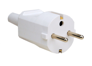 EUROPEAN SCHUKO, GERMANY, FRANCE, BELGIUM PLUG, 16 AMPERE-250 VOLT, TYPE E, F PLUG, CEE 7/7 (EU1-16P), IP20 RATED, 4.0 mm DIA. PINS, REWIREABLE PLUG, 2 POLE-3 WIRE GROUNDING (2P+E), STRAIN RELIEF, O.D. CORD GRIP = 8.3mm (0.330"). WHITE. 

<br><font color="yellow">Notes: </font> 
<br><font color="yellow">*</font> Operating temp. = -10�C to +40�C.
<br><font color="yellow">*</font> European Schuko connectors, plugs, inlets, outlets, GFCI /RCD sockets, power strips, power cords, plug adapters listed below in related products. Scroll down to view.