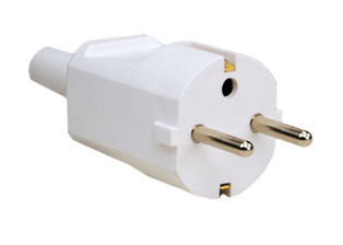 EUROPEAN SCHUKO, GERMANY, FRANCE, BELGIUM PLUG, 16 AMPERE-250 VOLT, TYPE E, F PLUG, CEE 7/7 (EU1-16P), IP20 RATED, 4.0 mm DIA. PINS, REWIREABLE PLUG, 2 POLE-3 WIRE GROUNDING (2P+E), STRAIN RELIEF, O.D. CORD GRIP = 8.3mm (0.330"). WHITE. 

<br><font color="yellow">Notes: </font> 
<br><font color="yellow">*</font> Operating temp. = -10C to +40C.
<br><font color="yellow">*</font> European Schuko connectors, plugs, inlets, outlets, GFCI /RCD sockets, power strips, power cords, plug adapters listed below in related products. Scroll down to view.