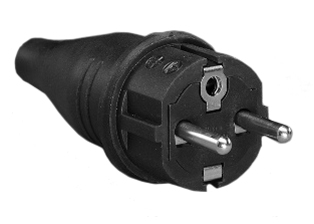 EUROPEAN SCHUKO, GERMANY, FRANCE, BELGIUM CEE 7/7 (EU1-16P) 16 AMPERE-250 VOLT TYPE E, F PLUG, 4.8 mm DIA. PINS, 2 POLE-3 WIRE GROUNDING (2P+E), RUBBER, SPLASHPROOF (IP44), MAX. CORD O.D. = 8.0mm (0.315"), BLACK.

<br><font color="yellow">Notes: </font> 
<br><font color="yellow">*</font> Watertight IP68/IP66 Locking plug available # <a href="https://internationalconfig.com/icc6.asp?item=70341-N" style="text-decoration: none">70341-N</a>. Locking design also prevents accidental disconnect.

