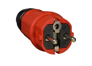 EUROPEAN SCHUKO, GERMANY, FRANCE, BELGIUM PLUG, (EU1-16P) 16 AMPERE-250 VOLT CEE 7/7, DIN / VDE 0620, IEC 60884 TYPE E, F PLUG, 4.8 mm DIA. PINS, 2 POLE-3 WIRE GROUNDING (2P+E), IP44 RATED, IK08 RATED, REWIREABLE ELAMID PLASTIC PLUG, UV PROTECTION, CHEMICAL AND IMPACT RESISTANT, TERMINALS ACCEPT 2.5mm CONDUCTORS, MAX. CORD O.D. = 0.492" DIA., RED.

<br><font color="yellow">Notes: </font> 
<br><font color="yellow">*ELAMID Plastic Material Features:</font> -40C to +80C rated, UV protection, chemical and impact resistant.

<br><font color="yellow">*</font> Watertight IP68/IP66 Locking plug available # <a href="https://internationalconfig.com/icc6.asp?item=70341-N" style="text-decoration: none">70341-N</a>. Locking design also prevents accidental disconnect.

